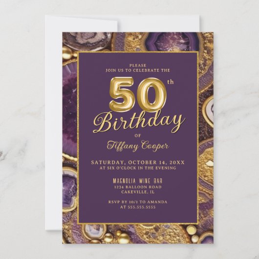 パープル金ゴールドアガテマーブル50th誕生日招待状 招待状 (正面)