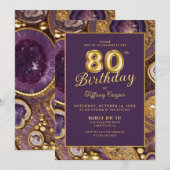 パープル金ゴールドアガテマーブル80th誕生日招待状 招待状 (正面/裏面)