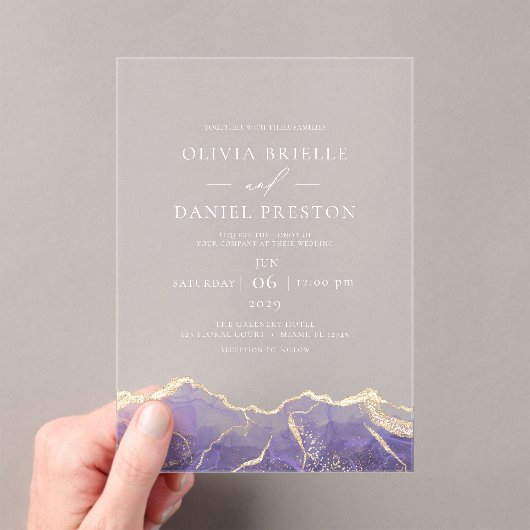 パープル金ゴールドアゲエレガント結婚テモダンィーズ アクリル招待状 (インサイチュ (ポータブル))