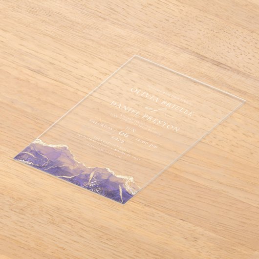 パープル金ゴールドアゲエレガント結婚テモダンィーズ アクリル招待状 (レイダウン)