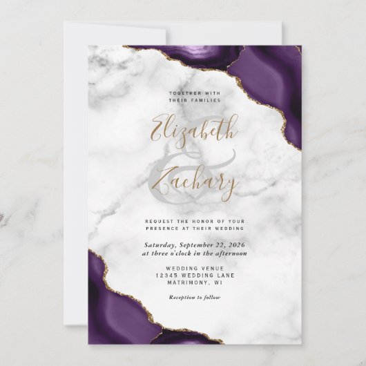 パープル金ゴールドアゲートコーナーマーブル結婚ズ 招待状 (正面)