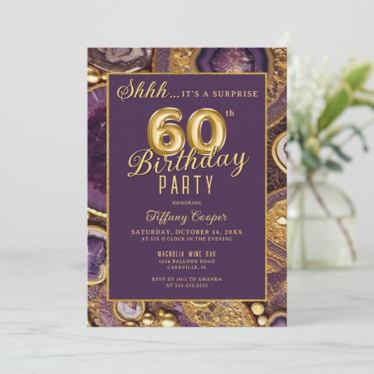 パープル金ゴールドアゲートサプライズ60th誕生日パーティー 招待状 (スタンド正面)