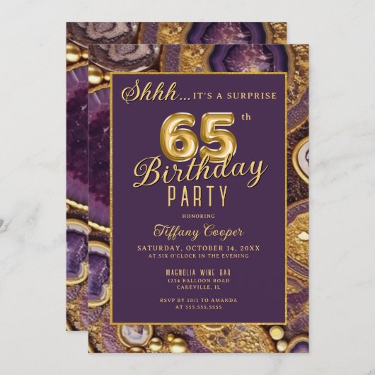 パープル金ゴールドアゲートサプライズ65th誕生日パーティー 招待状 (正面/裏面)