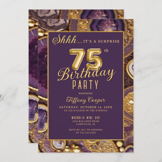 パープル金ゴールドアゲートサプライズ75th誕生日パーティー 招待状 (正面/裏面)
