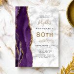 パープル金ゴールドアゲートマーブル80th誕生日パーティー 招待状<br><div class="desc">この離れ誕生日パーティの手の端エレガントはモダン、金ゴールドのグリッターと一緒に紫の水の色をトリム縁どする特徴がある。カスタマイズ可能な文字は、グレーと白の大理石のテクスチャの背景に黒と金ゴールド色の手書き、カッパープレートとイタリックのフォントを組み合わせている。裏面は紫色と金ゴールド酸デザインが一致する。</div>