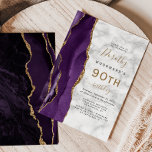 パープル金ゴールドアゲートマーブル90thバースデーパーティー 招待状<br><div class="desc">この離れ誕生日パーティの手の端エレガントはモダン、金ゴールドのグリッターと一緒に紫の水の色をトリム縁どする特徴がある。カスタマイズ可能な文字は、グレーと白の大理石のテクスチャの背景に黒と金ゴールド色の手書き、カッパープレートとイタリックのフォントを組み合わせている。裏面は紫色と金ゴールド酸デザインが一致する。</div>