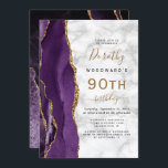 パープル金ゴールドアゲートマーブル90thバースデーパーティー 招待状<br><div class="desc">この離れ誕生日パーティの手の端エレガントはモダン、金ゴールドのグリッターと一緒に紫の水の色をトリム縁どする特徴がある。カスタマイズ可能な文字は、グレーと白の大理石のテクスチャの背景に黒と金ゴールド色の手書き、カッパープレートとイタリックのフォントを組み合わせている。裏面は紫色と金ゴールド酸デザインが一致する。</div>