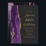 パープル金ゴールドアゲート石板スクリプト40th誕生日 招待状<br><div class="desc">この離れ誕生日パーティの手の端エレガントはモダン、金ゴールドのグリッターと一緒に紫の水の色をトリム縁どする特徴がある。カスタマイズ可能な文字は、金ゴールドカラーのスクリプトとサンセリフのフォントを石板の黒い背景に組み合わせている。裏面は紫色と金ゴールド酸デザインが一致する。</div>
