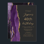 パープル金ゴールドアゲート石板スクリプト40th誕生日 招待状<br><div class="desc">この離れ誕生日パーティの手の端エレガントはモダン、金ゴールドのグリッターと一緒に紫の水の色をトリム縁どする特徴がある。カスタマイズ可能な文字は、金ゴールドカラーのスクリプトとサンセリフのフォントを石板の黒い背景に組み合わせている。裏面は紫色と金ゴールド酸デザインが一致する。</div>