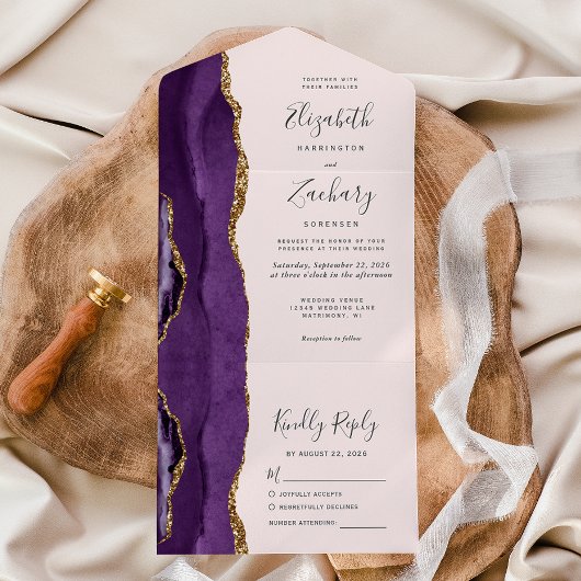 パープル金ゴールドアゲート赤面ピンク結婚ズ オールインワン招待状