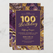 パープル金ゴールドアゲート100番目の誕生日招待状 招待状 (正面/裏面)