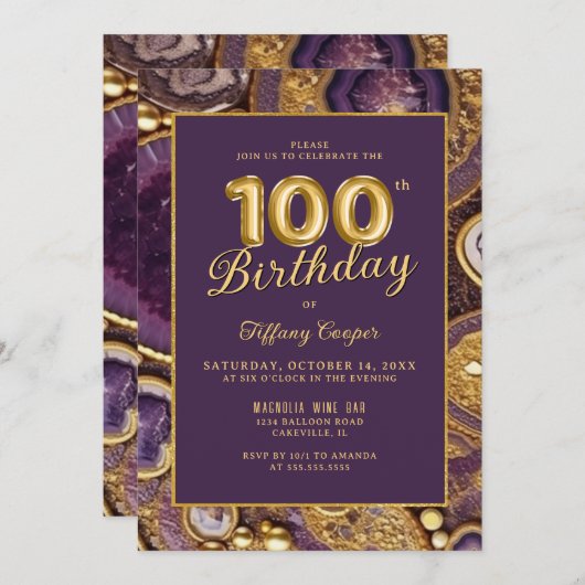 パープル金ゴールドアゲート100番目の誕生日招待状 招待状 (正面/裏面)