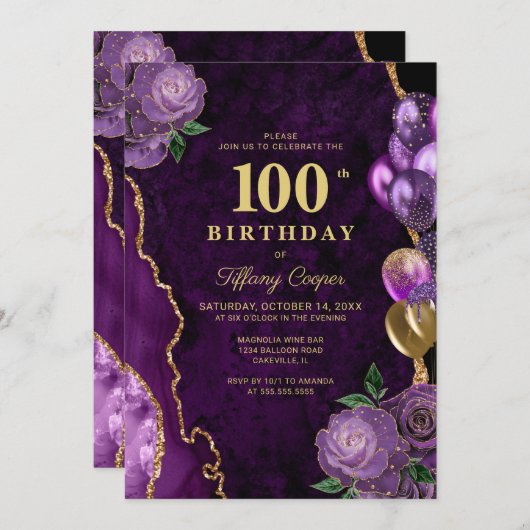 パープル金ゴールドアゲート100誕生日 招待状 (正面/裏面)
