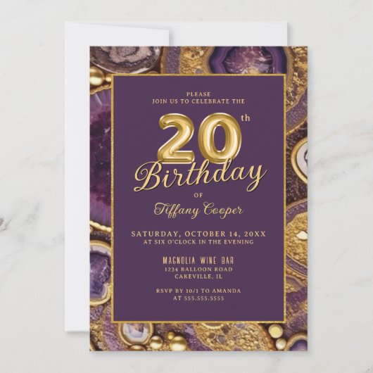 パープル金ゴールドアゲート20番目の誕生日招待状 招待状 (正面)