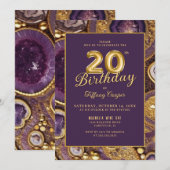 パープル金ゴールドアゲート20番目の誕生日招待状 招待状 (正面/裏面)