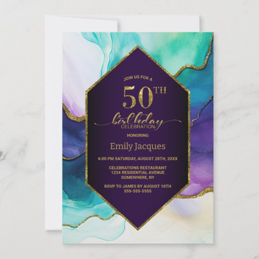 パープル金ゴールドアゲート50th誕生日パーティー 招待状 (正面)