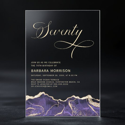 パープル金ゴールドアゲート70th70誕生日パーティー アクリル招待状
