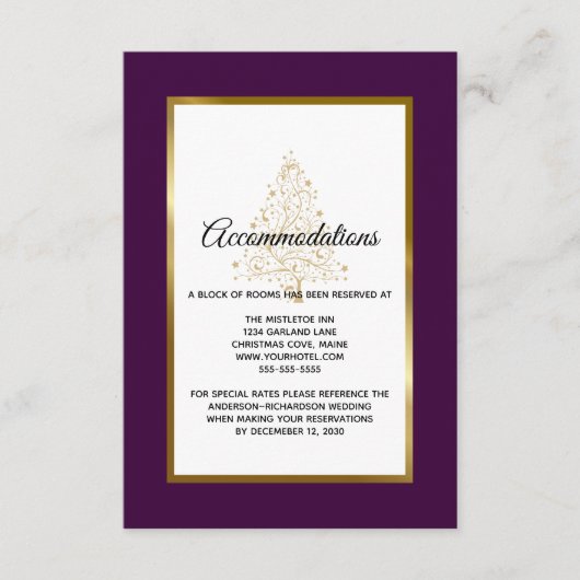 パープル金ゴールドウィンターウェディング エンクロージャーカード (正面)