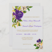 パープル金ゴールドウォーターカラーブケ結婚ーズ 招待状 (正面/裏面)
