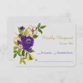 パープル金ゴールドウォーターカラーブーケウェディングRSVP 出欠カード (正面/裏面)