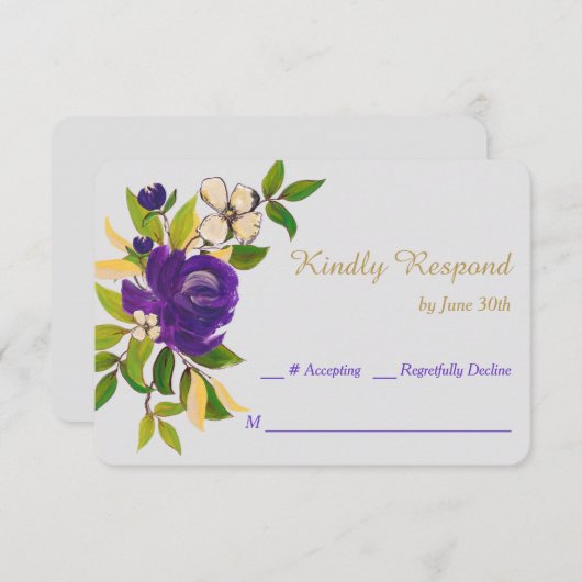 パープル金ゴールドウォーターカラーブーケウェディングRSVP 出欠カード (正面/裏面)