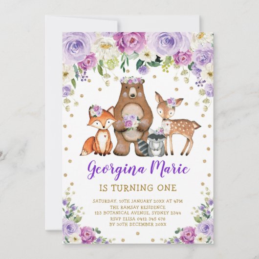 パープル金ゴールドウッドランドフォレガーリーントフローラ誕生日 招待状 (正面)