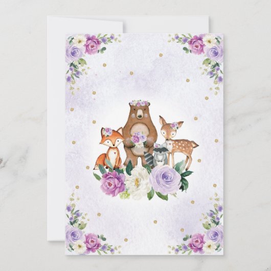 パープル金ゴールドウッドランドフォレガーリーントフローラ誕生日 招待状 (裏面)