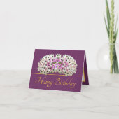 パープル金ゴールドエキゾチック白オーキッドブーケ誕生日 カード (正面)