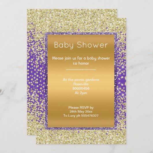 パープル金ゴールドエレガントダイヤモンド赤ちゃん 招待状 (正面/裏面)