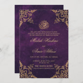 パープル金ゴールドオリエンタルデザインイスラム結婚教徒 招待状 (正面/裏面)