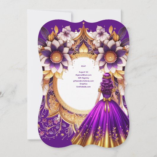 パープル金ゴールドキンセアニラドレスプリンセススウィート16 招待状 (裏面)