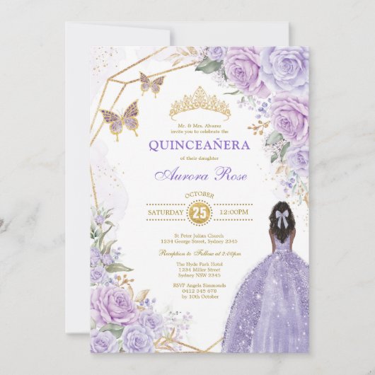 パープル金ゴールドキンセアニラブラウンスキンバタフライパーティー 招待状 (正面)