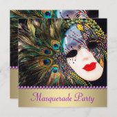 パープル金ゴールドクジャックフェザーマスクマスカレードパーティー 招待状 (正面/裏面)