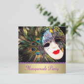 パープル金ゴールドクジャックフェザーマスクマスカレードパーティー 招待状 (スタンド正面)