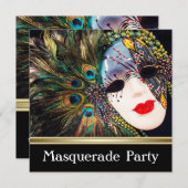 パープル金ゴールドクジャックフェザーマスクマスカレードパーティー 招待状 (正面/裏面)
