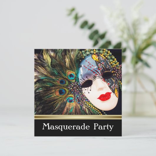 パープル金ゴールドクジャックフェザーマスクマスカレードパーティー 招待状 (スタンド正面)