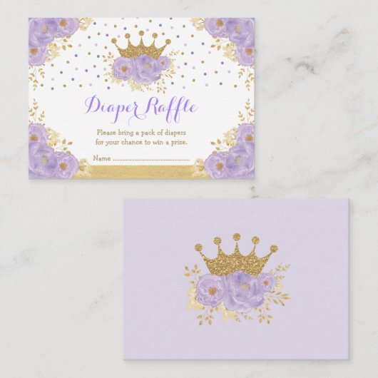 パープル金ゴールドクラウンプリンセスベビーガールおむつラッフル エンクロージャーカード (正面/裏面)