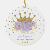 パープル金ゴールドクラウンプリンセスベビー初めてのクリスマス セラミックオーナメント (正面)