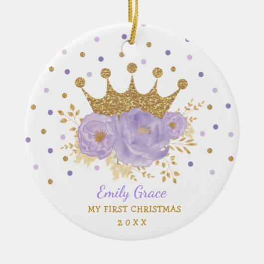 パープル金ゴールドクラウンプリンセスベビー初めてのクリスマス セラミックオーナメント (正面)