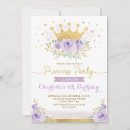 パープル金ゴールドクラウンプリンセス誕生日薄紫フローラ 招待状