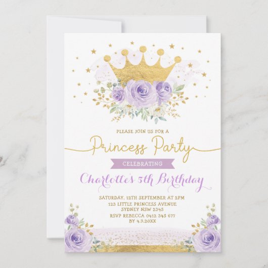 パープル金ゴールドクラウンプリンセス誕生日薄紫フローラ 招待状 (正面)
