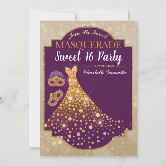 パープル金ゴールドグラムスウィート16誕生日招待状 招待状 (正面)