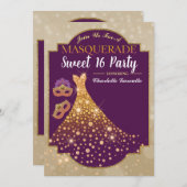 パープル金ゴールドグラムスウィート16誕生日招待状 招待状 (正面/裏面)
