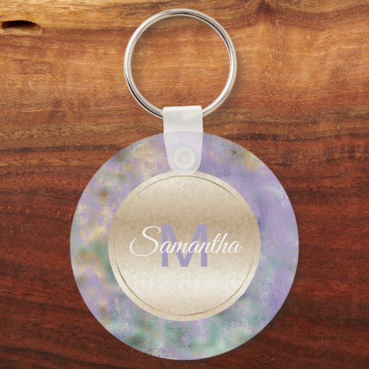 パープル金ゴールドグラムティール（緑がかった色）抽象芸術モノグラム キーホルダー (正面)