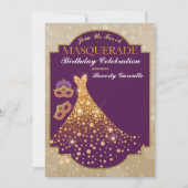 パープル金ゴールドグラム誕生日マスカレード招待状 招待状 (正面)
