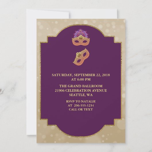 パープル金ゴールドグラム誕生日マスカレード招待状 招待状 (裏面)