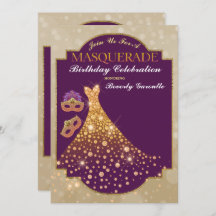 パープル金ゴールドグラム誕生日マスカレード招待状