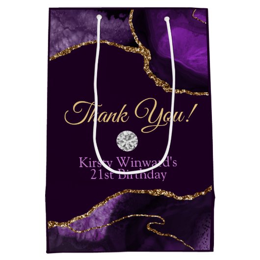 パープル金ゴールドグリッターアゲート誕生日サンキュー ミディアムペーパーバッグ (裏面)