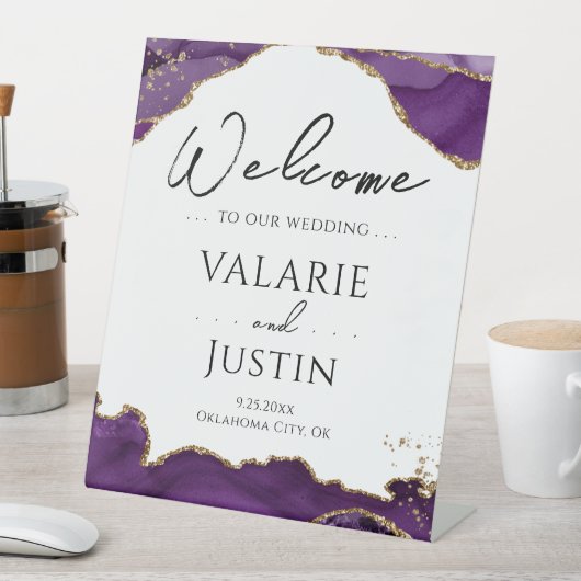パープル金ゴールドグリッターアゲ結婚ートのウェルカムサイン 台座サイン (インサイチュ)