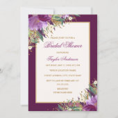 パープル金ゴールドグリッターアメジストフローラブライダルシャワー 招待状 (正面)